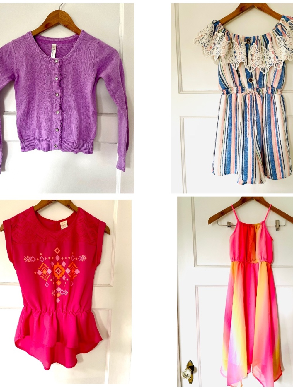 Girl’s Clothes Lot Of 4 Size 7/8 Romper Dress Cardigan Top Pink Purple Summer